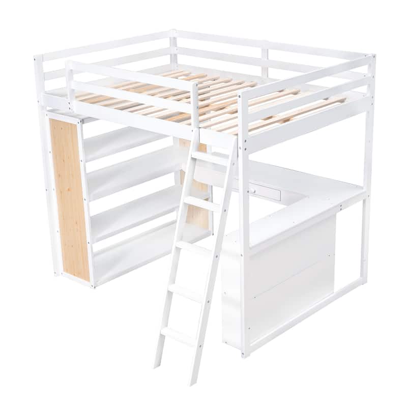 White Loft Bed with Desk, Shelves, Drawer, and Ladder, Full-Length Guardrail