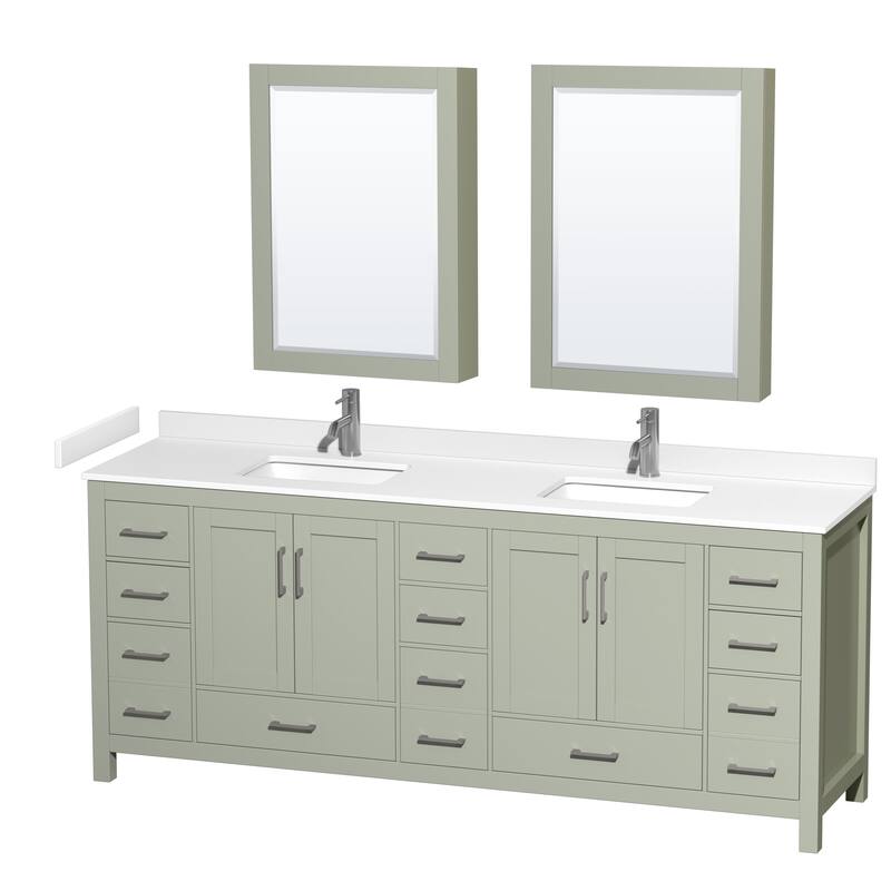 Sheffield Double Bathroom Vanity Set, Cultured Top, Medicine Cabinets - 84-Inch Double - Light Green, White Cultured Marble Top,Nickel Trim