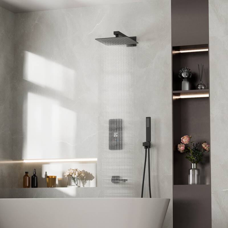 3-Way Thermostatic Complete Rainfall Shower System with Rough in-Valve Rain Shower Heads,Black/Gold - Matte Black