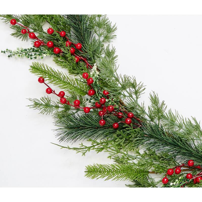 72" Artificial Christmas Evergreen Mixed Pine and Red Berry Garland - Green - 72