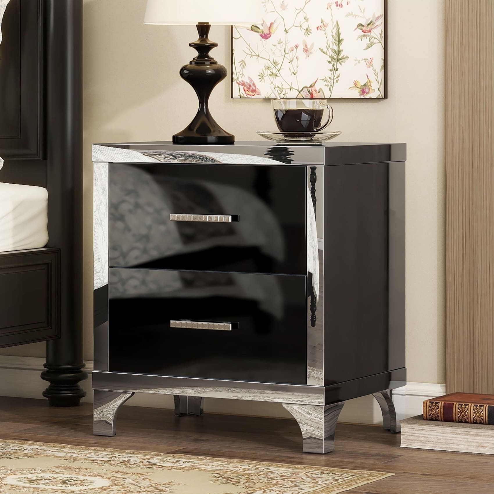 Black nightstand sale with silver handles