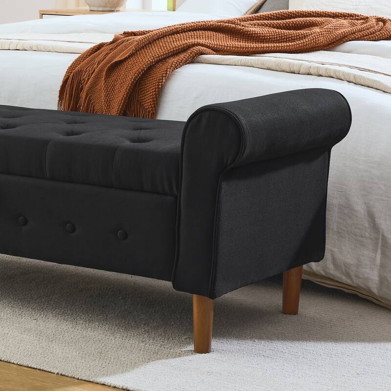 Modern Fabric Upholstered Storage Bench with Tufted Button and Rolled Arm