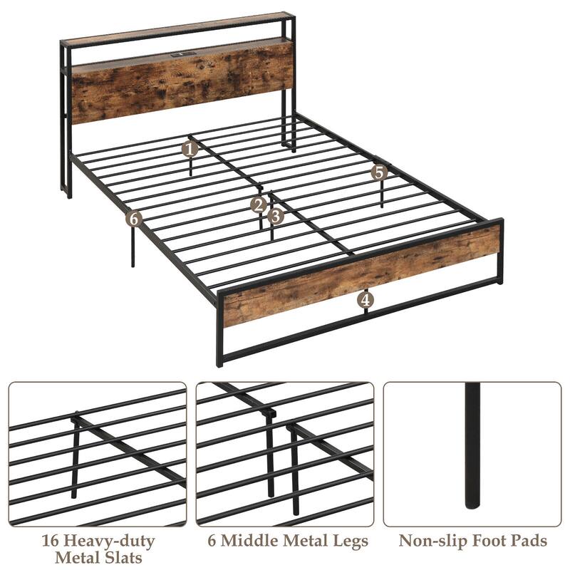 Gymax Queen Size Industrial Platform Bed Frame with Charging Station
