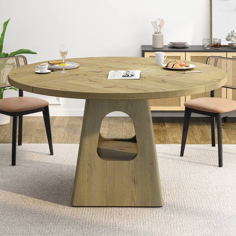 47" Round Farmhouse Dining Table with Storage Base & Wooden Tabletop for 4-6