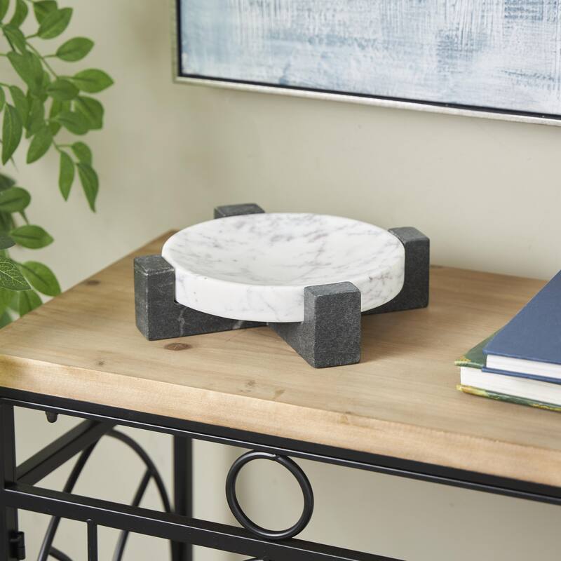 Marble Geometric Round Tray with Black X-Shaped Base - White - Roche River Decor