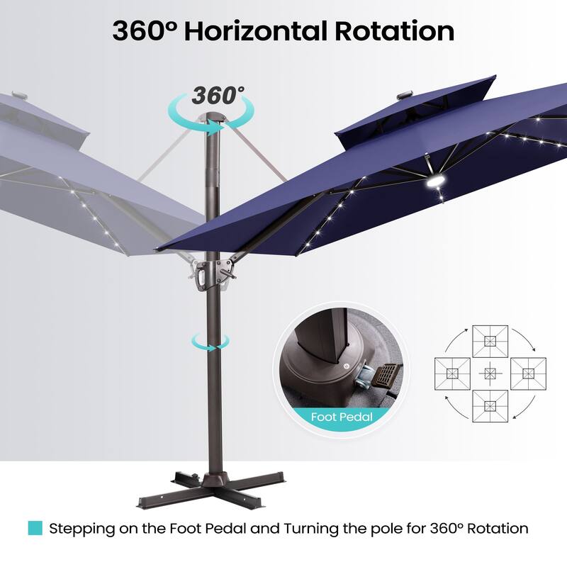 9 FT x 11 FT Outdoor LED Lighted Double Top Patio Cantilever Umbrella with Base
