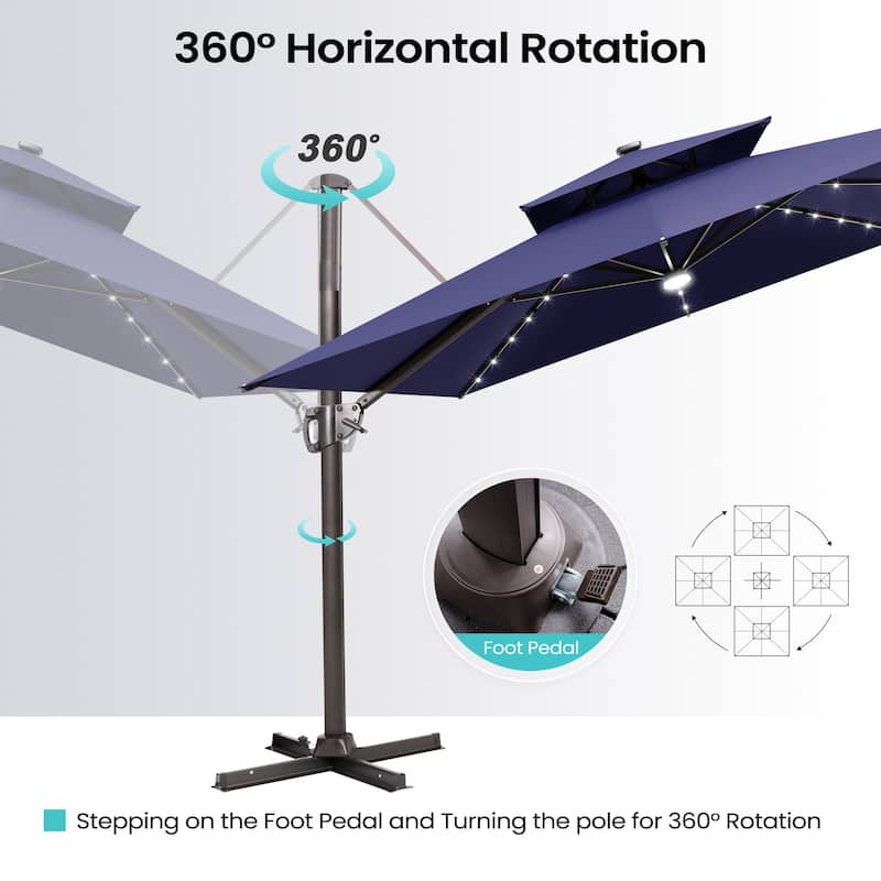 9 x11 FT Cantilever Patio Umbrella with Weighted Base, Double Canopy & LED Lights