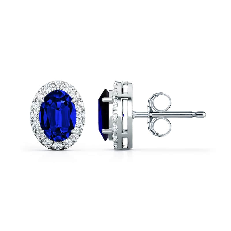 Auriya 14k Gold Lab Grown Gemstone Blue Sapphire Stud Earrings Oval 0.25 to 5.00 ct. tw. Halo Push-Back - 3.50ct tgw. - White