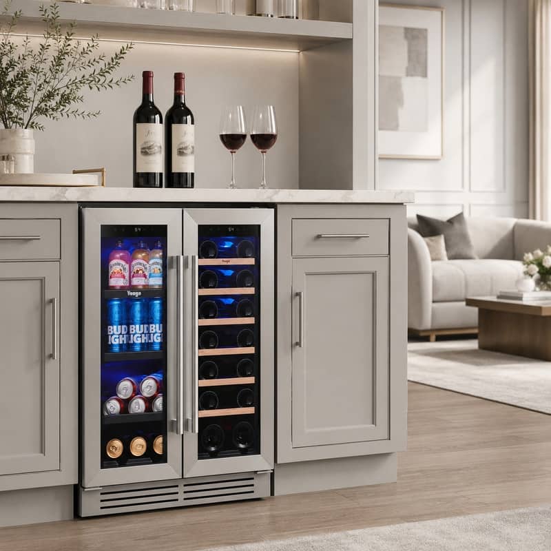 Yeego 24'' 20 Bottles 60 Can Wine Cooler Dual Zone French Door Beverage Refrigerator
