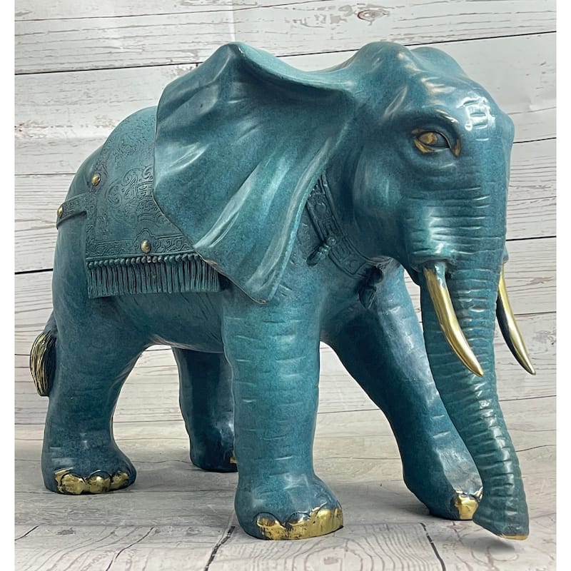 Green Blue Imitative Elephant Bronze Sculpture Statue Figure Figurine Signed Original Art