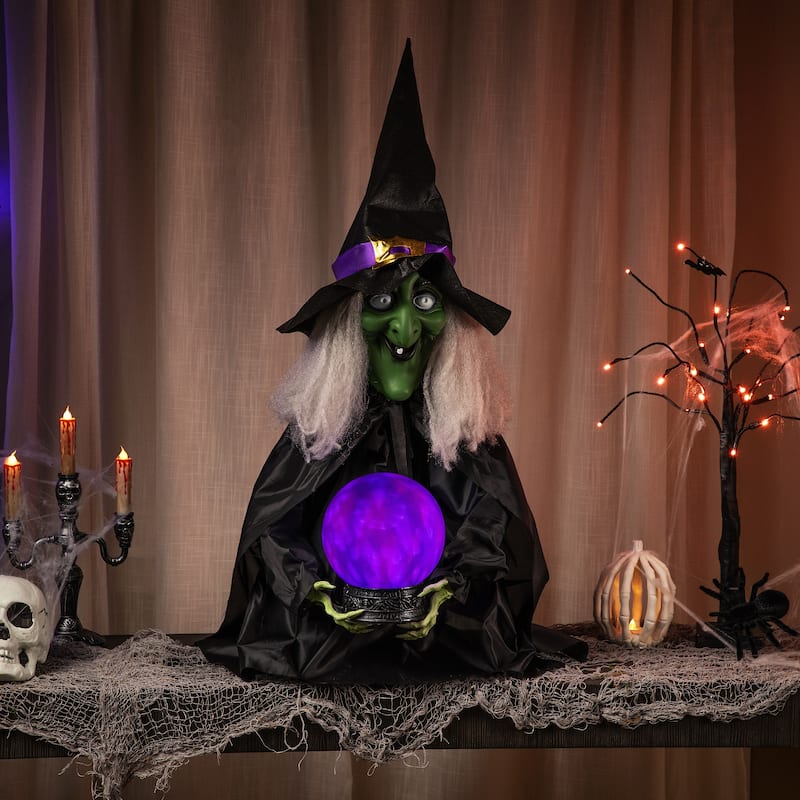 26" Pre-Lit Sitting Fortune Witch with Magic Ball Halloween Decoration