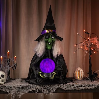 26" Pre-Lit Sitting Fortune Witch with Magic Ball Halloween Decoration