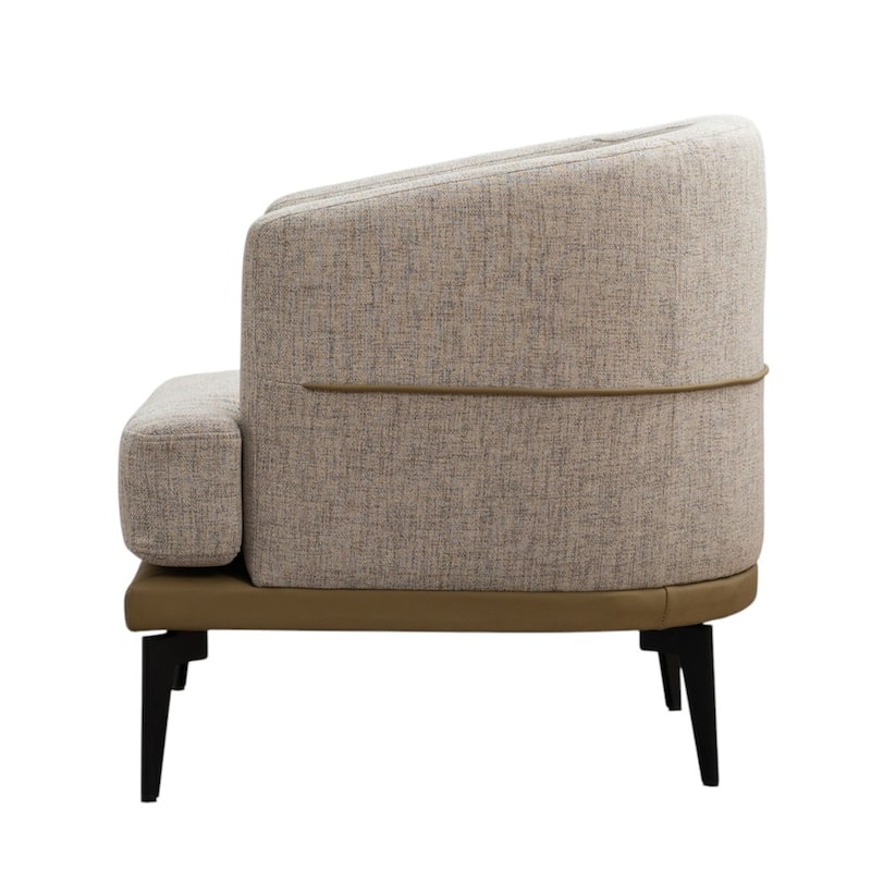 HomeRoots 29" Beige Camel and Black Tufted Linen Solid and Manufactured Wood Barrel Chair - 28.90 in. x 28.30 in. x 27.60 in.