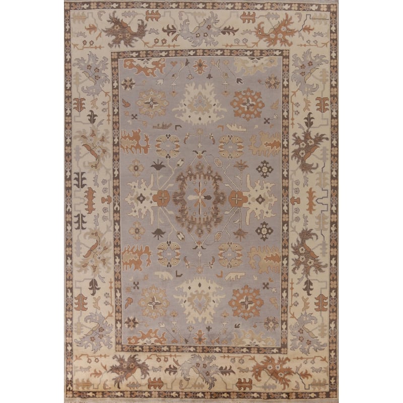Gray Oushak Indian Large Rug Hand-Knotted Floral Wool Carpet - 9'10" x 13'8"