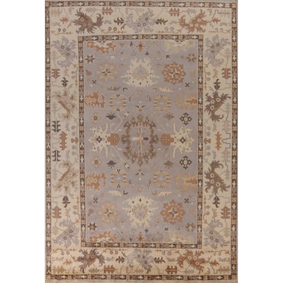 Gray Oushak Indian Large Rug Hand-Knotted Floral Wool Carpet - 9'10" x 13'8"