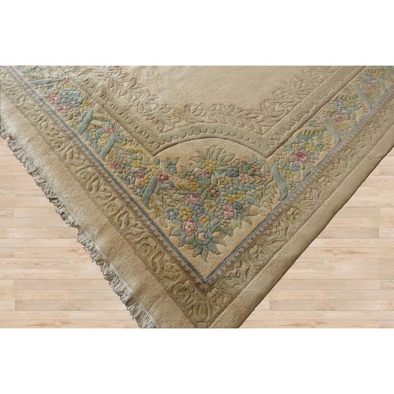 11x18 Hand Knotted Wool Beige Plush Pile Traditional Aubusson Savonnerie Rug - 11' x 18'