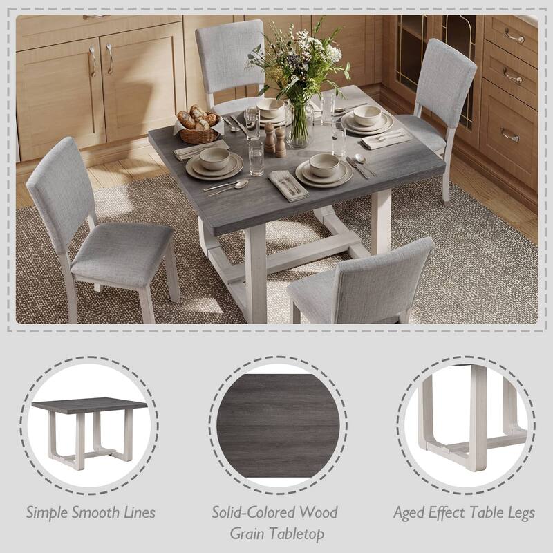 Rossetta 5-Piece Wood Transitional Farmhouse Style Dining Table Set with U-Shaped Trestle Base Table, 4 Upholstered Side Chairs