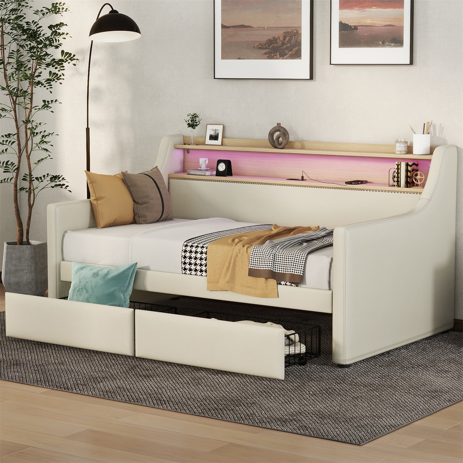 Twin Size Daybed with Storage Drawers, Charging Station and LED Lights