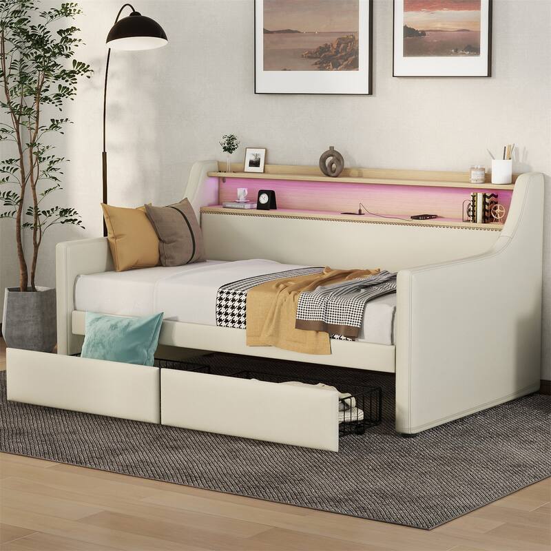 Twin Size Daybed with Storage Drawers, Charging Station and LED Lights - Beige