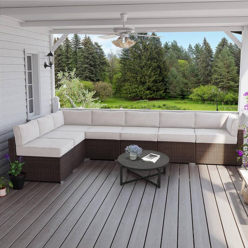 COSIEST 8-piece PE Wicker Outdoor Sectional Set with Cushions - BrownWicker+OffwhiteCushion+X-baseTable