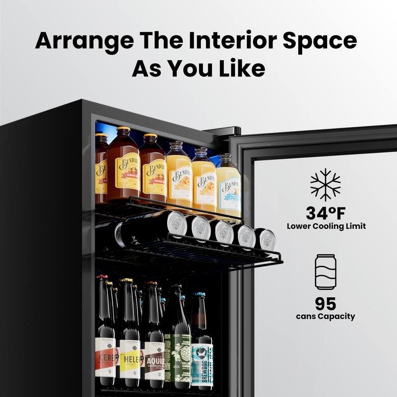 95 cans Beverage Cooler, Mini Fridge with Adjustable Shelves