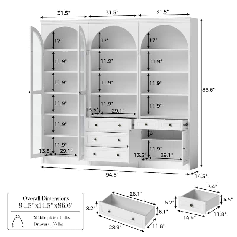 Modular White Bookcase with LED Lights & Glass Doors, 86.6" Tall Arched Display Cabinet Solid WoodStorage Cabinet