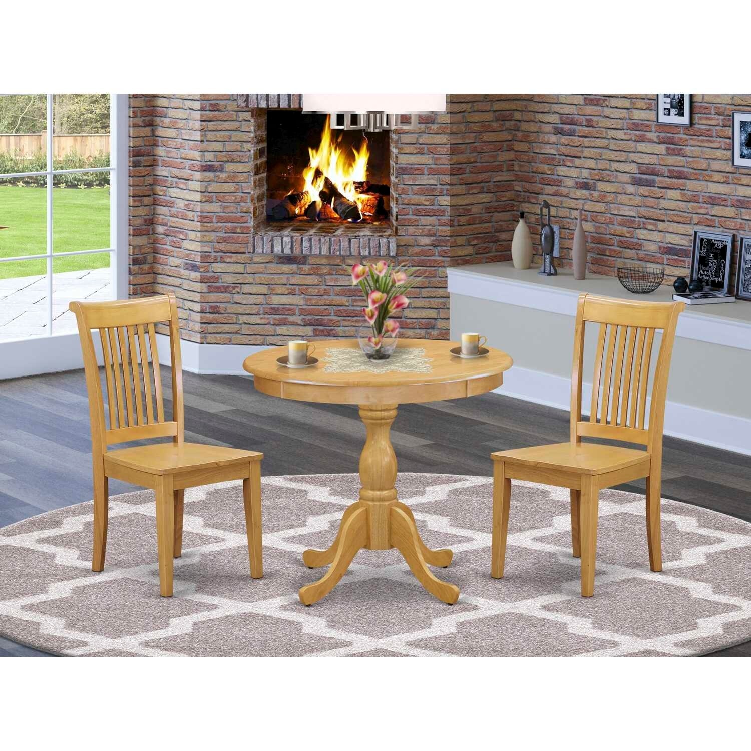 3-Piece Natural Oak Finish Solid Wood Top - Dining Room Set - Seats 4