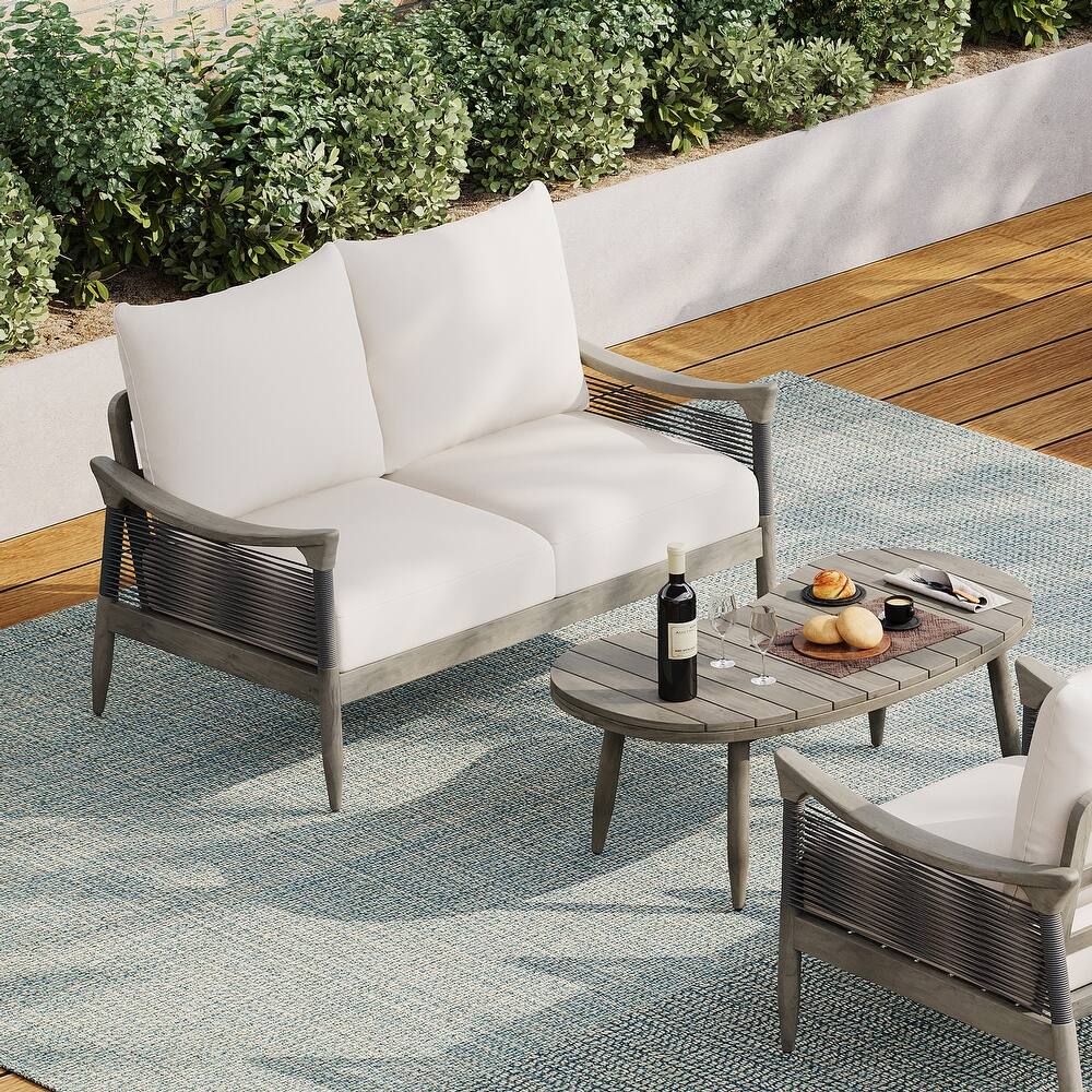 Christopher Knight Home - 2-Piece Patio Conversation Set with Woven Rope Loveseat, Cushions & Acacia Wood Coffee Table