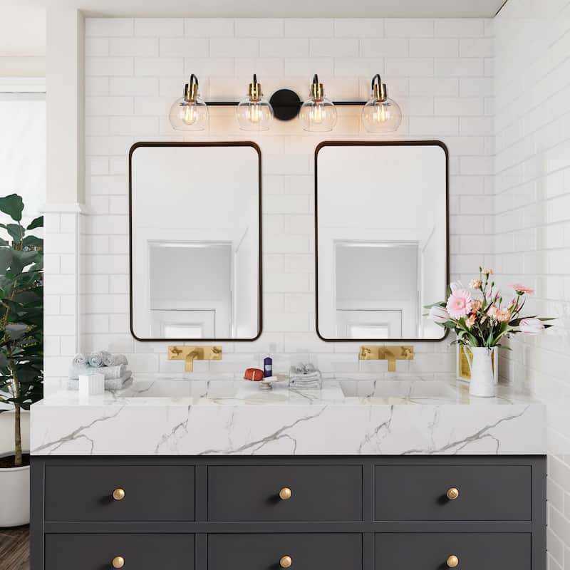 Modern Black Gold 4-Light Linear Bathroom Vanity Lights Globe Glass Wall Sconces - 32" L x 8" W x 8.5" H