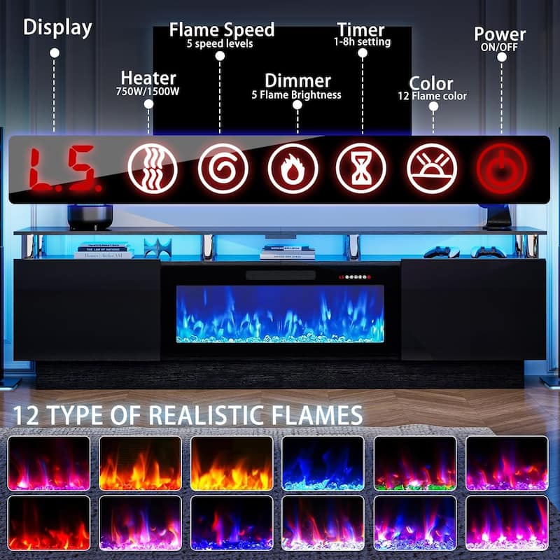 BOSSIN Modern 80" TV Stand with 36" Fireplace & LED Lights for TVs Up to 90", White with Golden Pillars, Storage Cabinets
