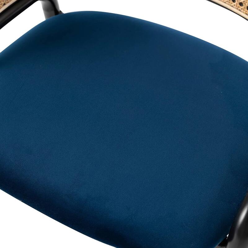 Mid Century Modern Arm Chairs - Velvet Seat & Wicker Back - Dining Room Accent Chairs - Set of 2 - Navy Blue