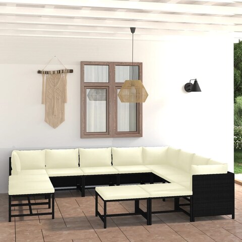 vidaXL 12 Piece Patio Lounge Set with Cushions Poly Rattan Black - 21.3" x 23.6" x 23.6"