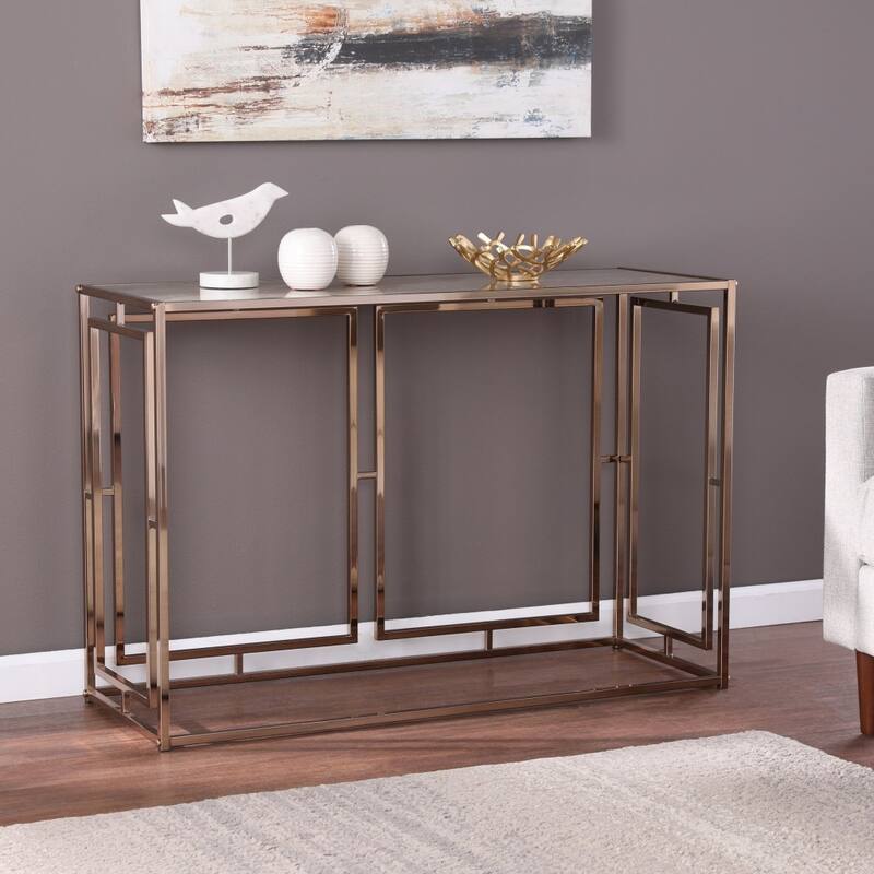 Champagne Faux Marble Console Table Gold Metal Frame and Rectangular - 43.75" L x 16" W x 29.5" H