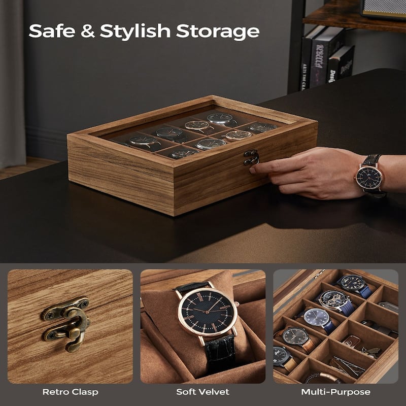10 Slot Rustic Paulownia Wood Watch Box Case with Glass Top and Velvet Soft Lining for Men's Timepieces - 8.1"D x 11.4"W x 3.3"H