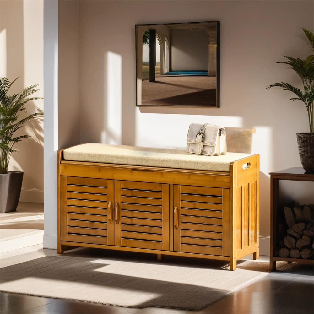 Bamboo Entryway Shoe Bench with Storage Cabinets, Seating Cushion
