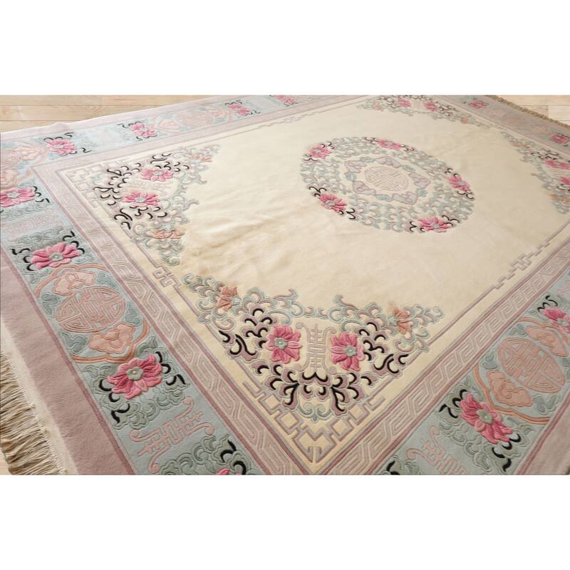 9'6''x14 Hand Knotted Wool IvoryPlush Pile Aubusson Savonnerie Traditional Rug - 9' 6'' x 14'