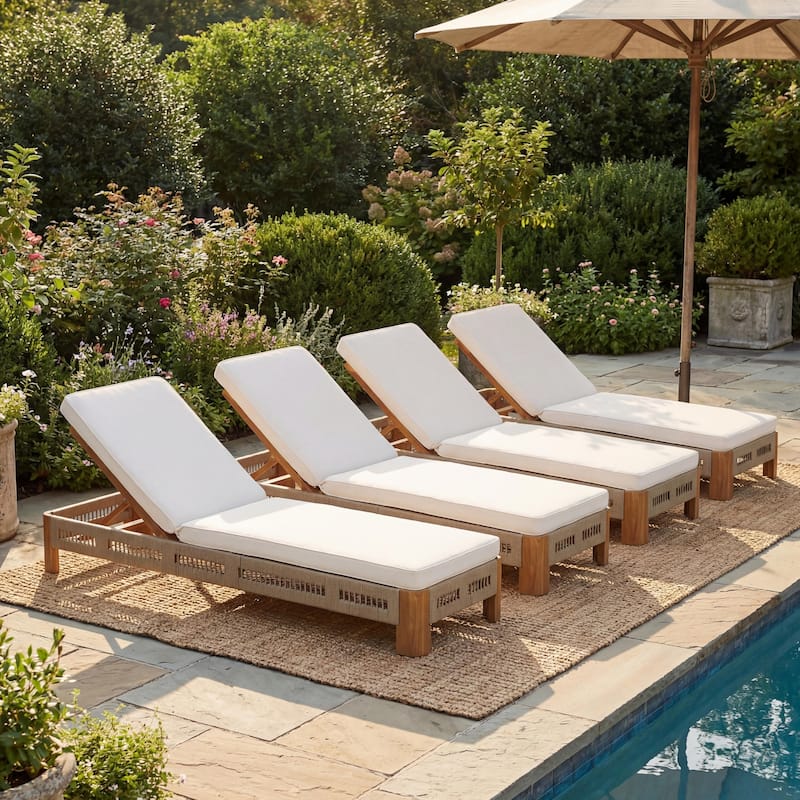 Christopher Knight Home - Ellery Acacia Wood Outdoor Adjustable Chaise Lounge with Cushion & Handwoven Rope Accents