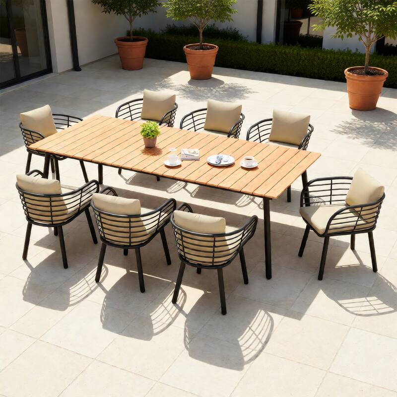 7/9-Piece Set Outdoor Aluminum Dining Table with Umbrella Hole and Cushioned Dining Chairs