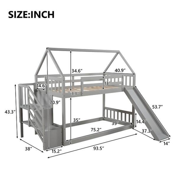 dimension image slide 1 of 3, Wooden Modern Twin over Twin House Bunk Bed with Slide and Storage Staircase, Featuring a pitched roof and wall section.