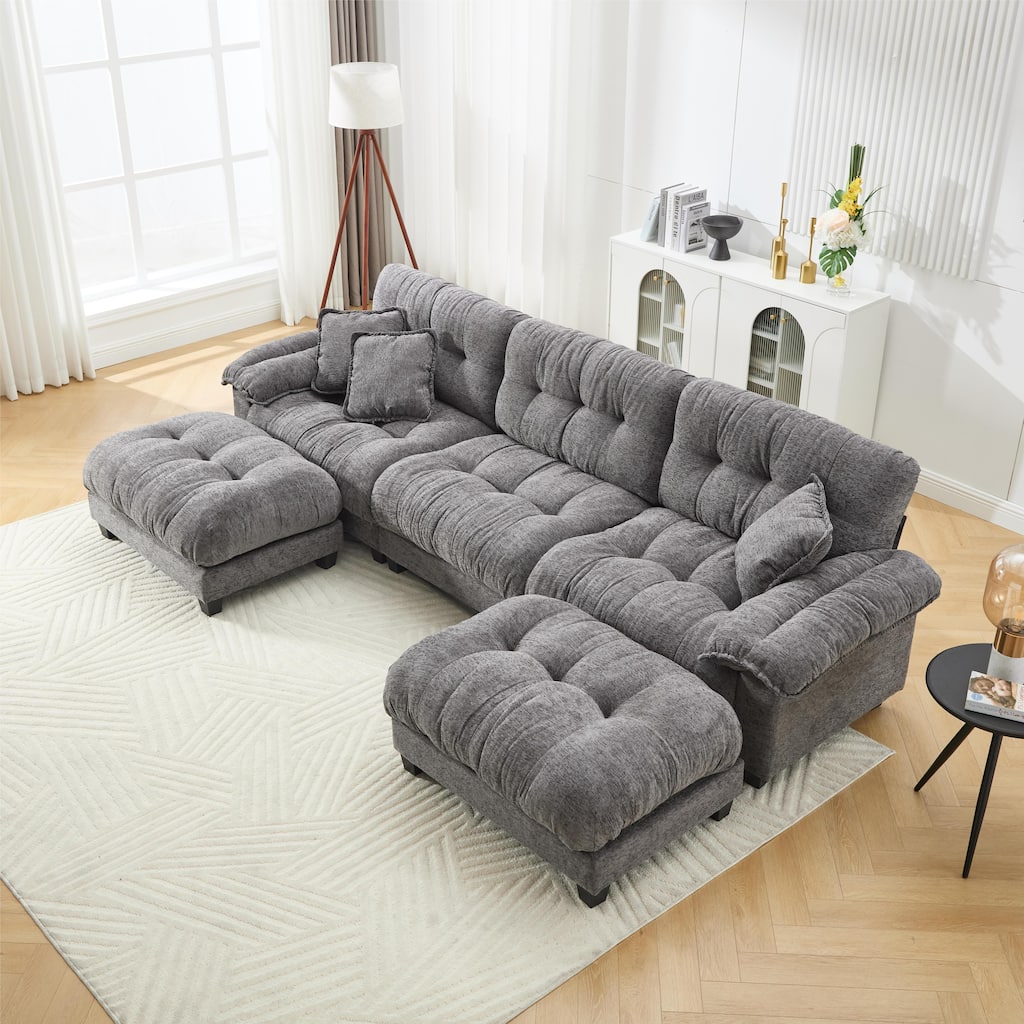 U-Shaped Chenille Sectional Sofa, 3 Seater Straight Row Sofa w/ 2 Ottomans, Convertible Sleeper Sofa Bed L-Shaped Leisure Couch