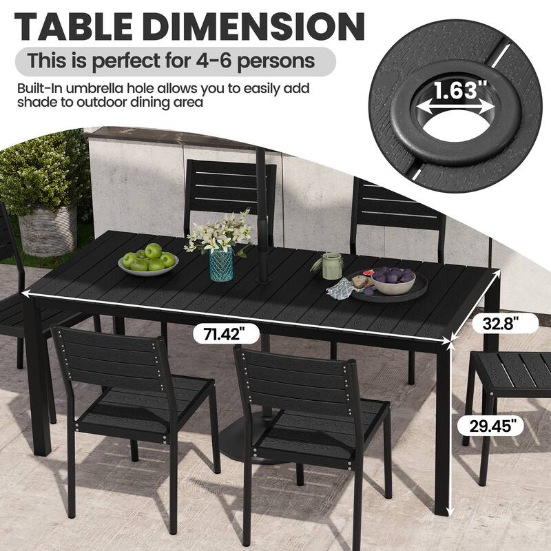 7-Piece Outdoor Patio Dining Set Rectangle Dining Table with Umbrella Hole and Stackable Chairs