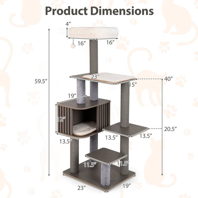 Gymax 59.5'' Tall Cat Tower w/Cushion Top Perch Detachable Mats