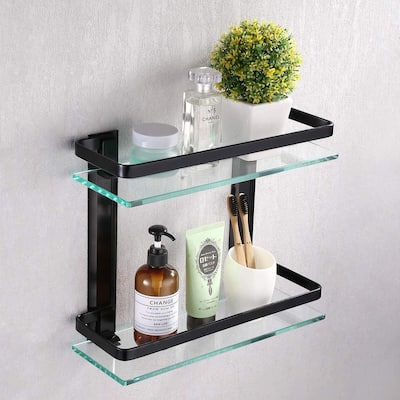 Wall Mount 2-Tier Black Bathroom Glass Floating Shelf