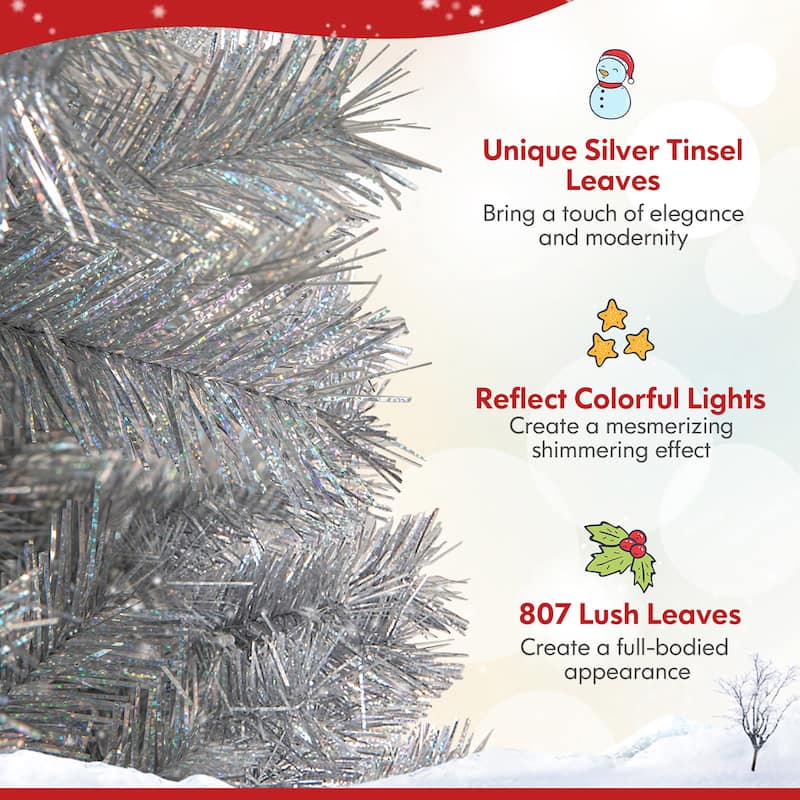 Gymax 5/6/7 FT Pre-Lit Artificial Christmas Tree Silver Tinsel Hinged - See Details