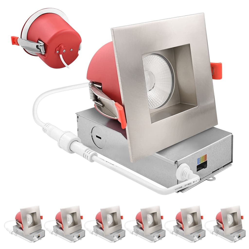 Luxrite 4 in. Square LED Recessed Light J-Box 5CCT 15W 1000LM 38° IC Rated Brushed Nickel 6 Pack