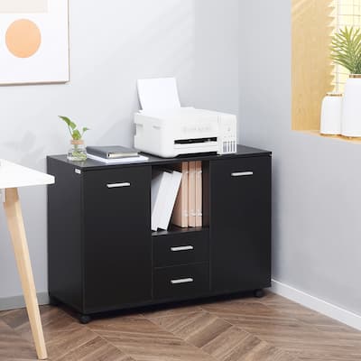 Filing Cabinet with Drawers and Lockable Wheels, Home Office Printer Stand Storage Cabinet with Adjustable Shelves