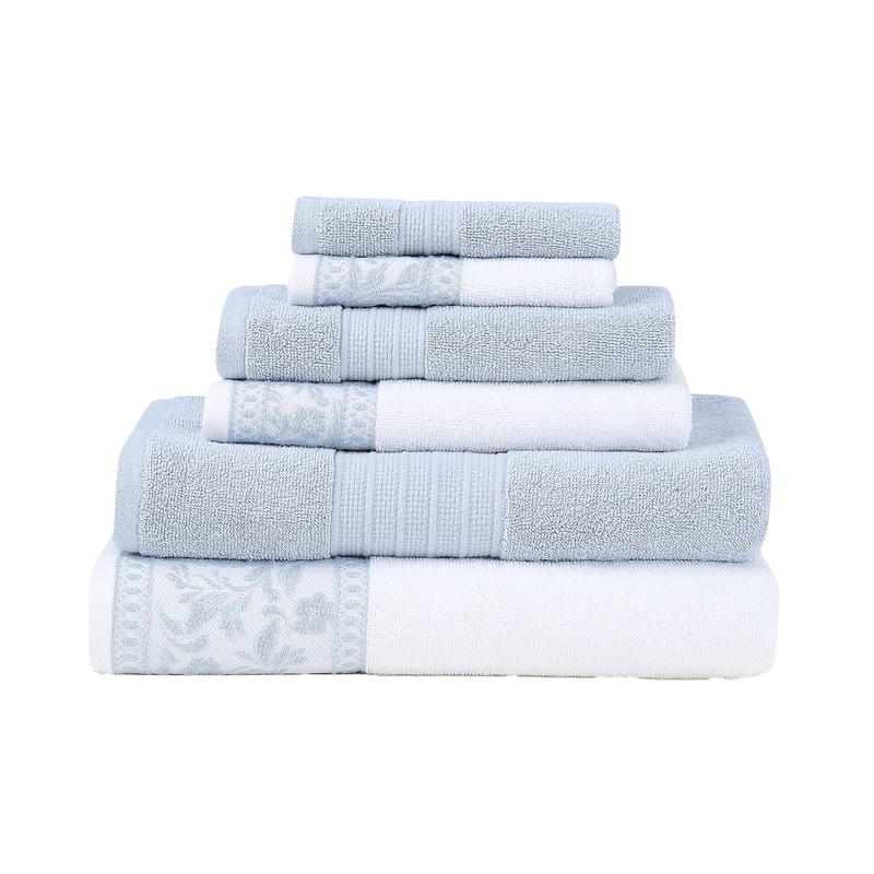 Modern Threads 6-Piece Jacquard Border Towel Set Allie - 100% Cotton, Bath, Hand & Washcloths - Elegant Floral Border - Light Blue