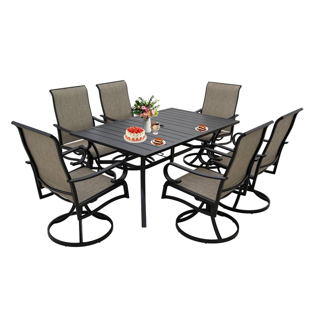 Outdoor 7 Piece Patio Dining Set, Swivel Chairs and Rectangle Table with Umbrella Hole, Conversation Set for Backyard, Garden