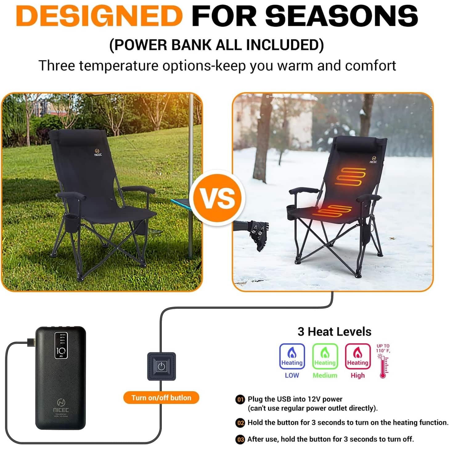 Heated Chairs Outdoor Sports, Heated Chair, Heated Camping Chair, Folding Chair, 10000mAh Power