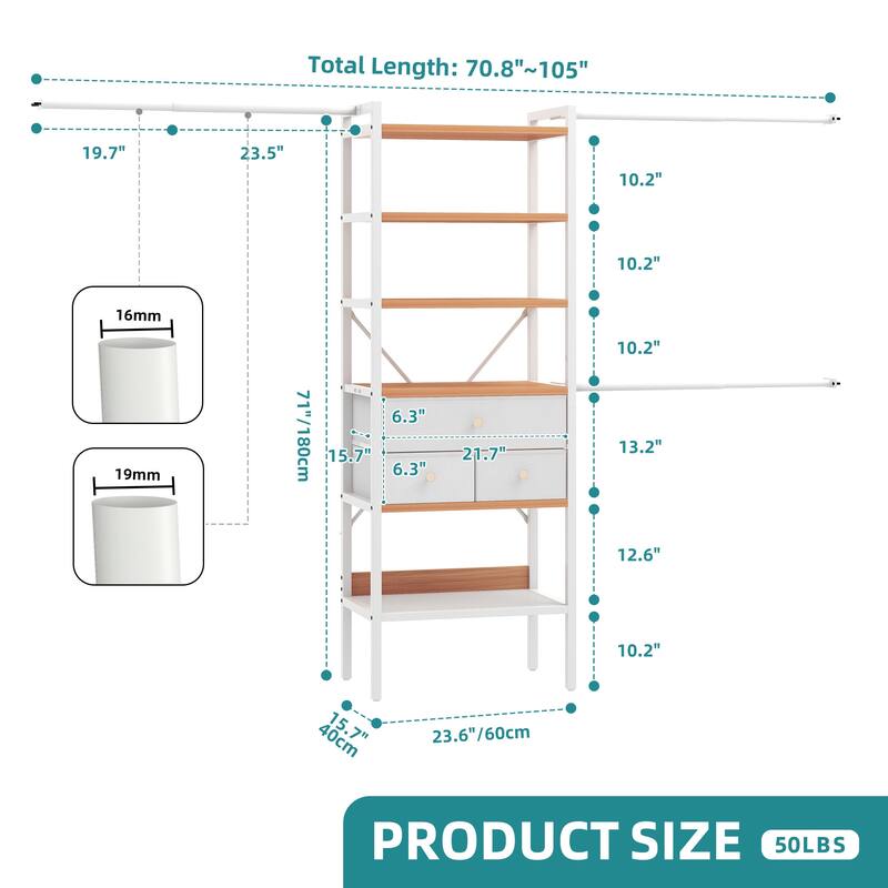 Wall-Mounted Clothing Storage Rack Multi-Functional Closet Organizer System with Adjustable Rods and Shelves